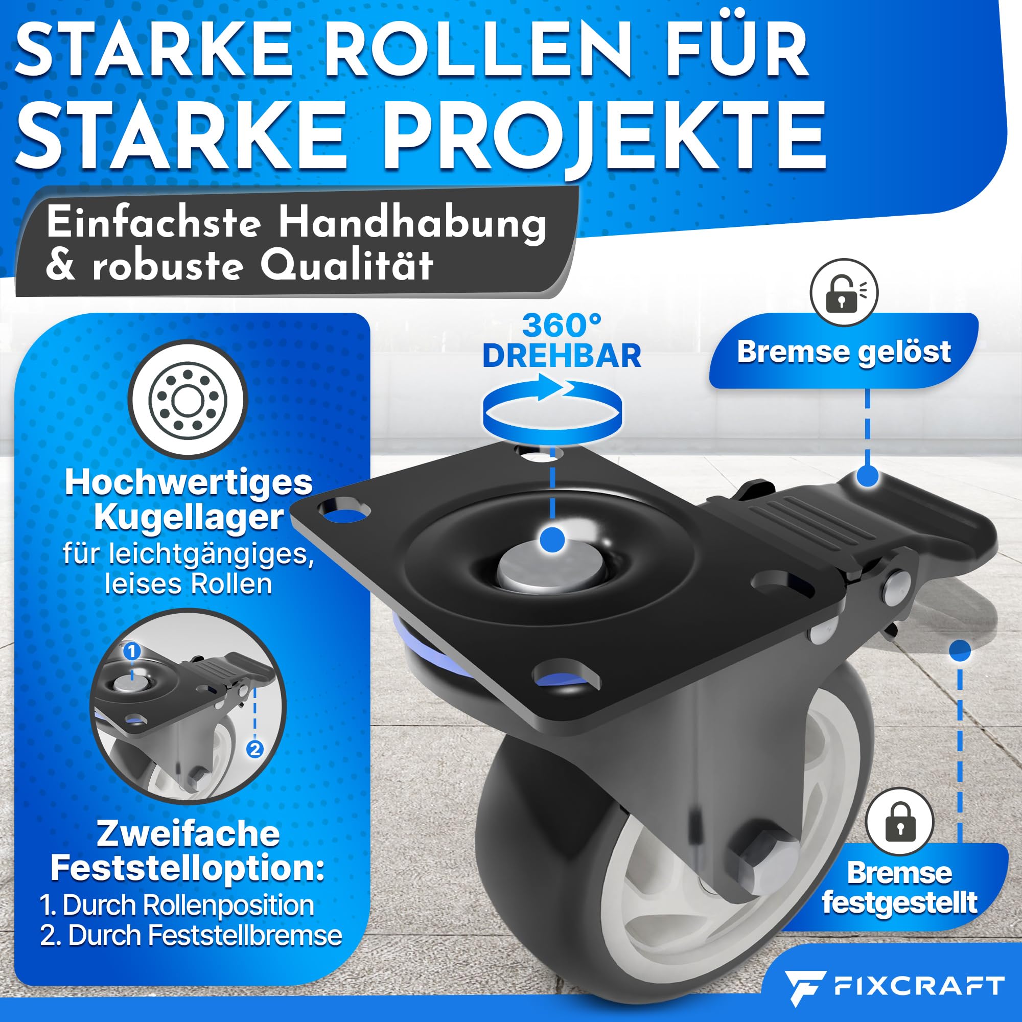 4 Schwerlastrollen mit Bremse [75mm] bis zu 400kg - Lenkrollen | Transportrollen, Möbelrollen, Bockrollen, Räder | Rostfreie Rollen Indoor + Outdoor | Für Werkstatt, Paletten