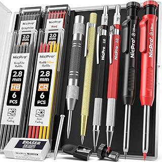 Nicpro 11 Pack Carpenter Pencil Set with Sharpener, Mechanical Carpenter Pencils with 40 Refill, Automatic Center Punch and Carbide Scribe Tool, Heavy Duty Construction Pencil for Architect-With Case