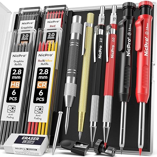 Nicpro 11 Pack Carpenter Pencil Set with Sharpener, Mechanical Carpenter Pencils with 40 Refill, Automatic Center Punch and Carbide Scribe Tool, Heavy Duty Construction Pencil for Architect-With Case