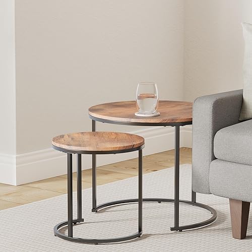 Miniatura 2 de Giantex Juego de 2 mesas auxiliares redondas apilables con mesa de madera y marco de acero, mesas auxiliares vintage que ahorran espacio para sala