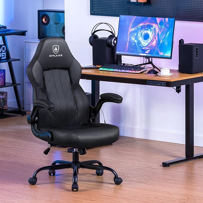 GTPLAYER Video Gaming Chair, Ergonomic Computer Gaming Chair with Flip-Up Armrests and Adjustable Height, Comfortable Desk Chairs with Built-in Lumbar Support, Recliner with 360°Swivel (Dark Black)