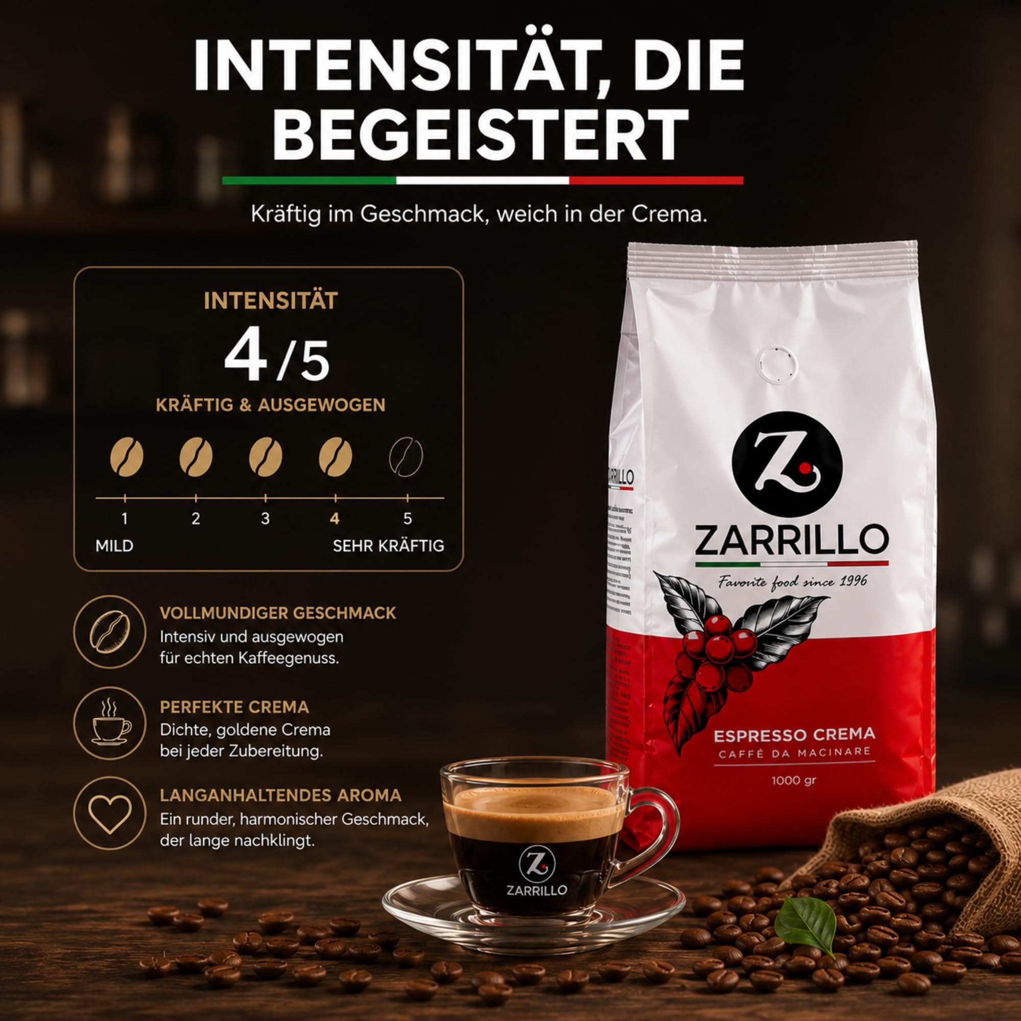 ZARRILLO Italienische Espresso Kaffeebohnen, Arabica und Robusta, für Vollautomaten & Siebträgermaschinen, Kräftige Crema, Mittlere Röstung (1 kg (6er Pack))