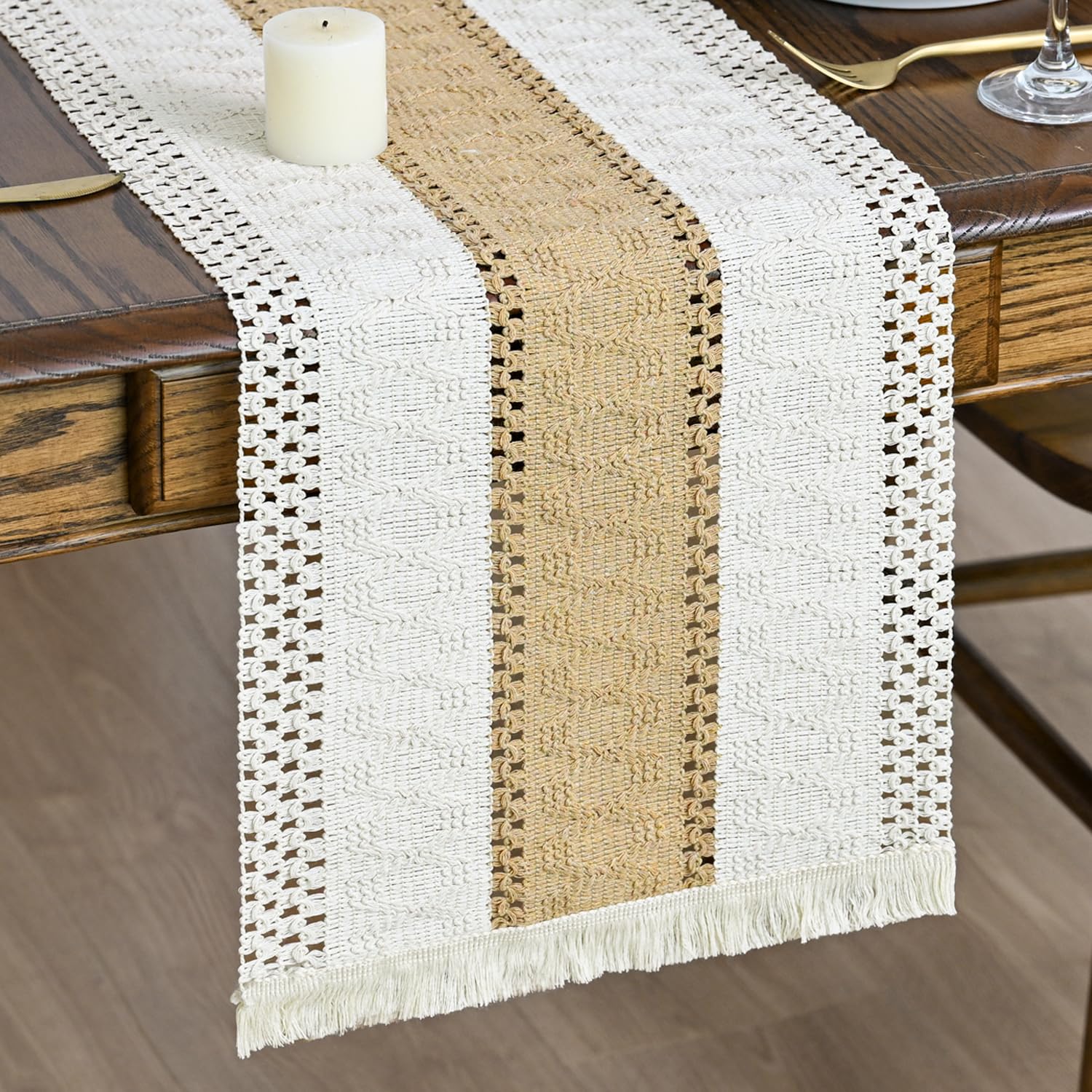 Artoid Mode Burlap Brown Farmhouse Rustic Tassel Table Runner 30x183 cm, Seasonal Holiday Hollow Kitchen Dining Table Decoration for Home Party Decor
