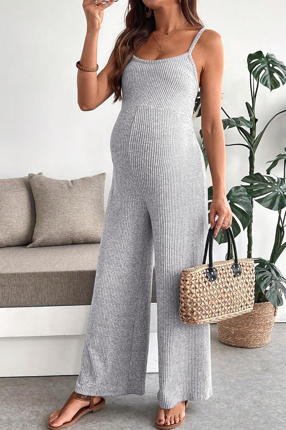 BLENCOT Maternity Ribbed Jumpsuit Sleeveless Square Neck Wide Leg Stretchy One Piece Romper - Image 7
