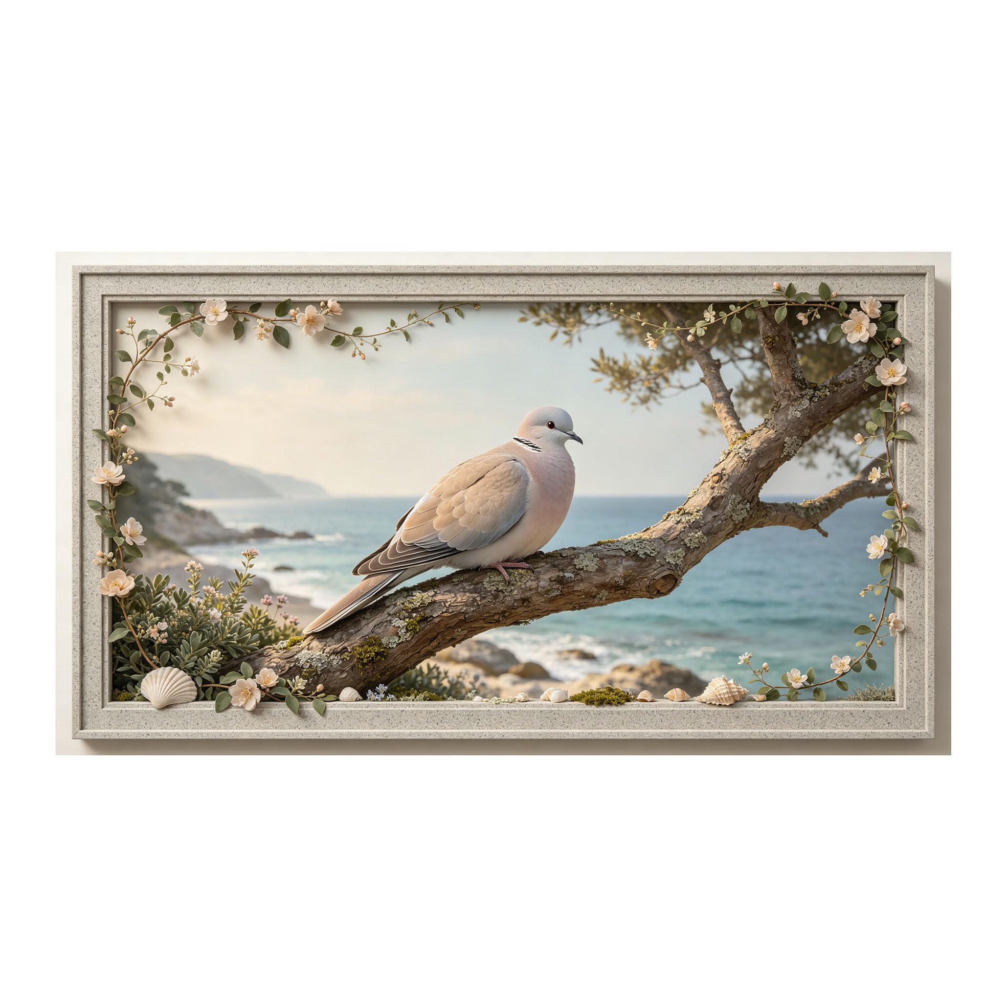 Murasolite 3D 3D Framed Wall Art 50cm×90cm Coastal Dove on Branch Seaside Landscape Oil Painting SelfAdhesive Fabric Mural Wall Decor, Peel and Stick No Damage to Wall for Bedroom Living Room