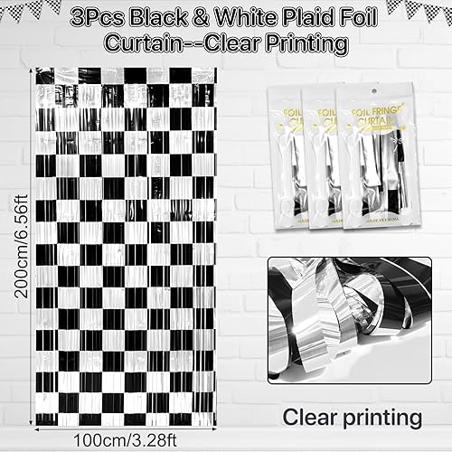 Vista 2 de Paquete de 3 cortinas de 1 m x 2 m con diseño de auto de carreras a cuadros, cortinas de flecos de aluminio con serpentinas de oropel metálicas