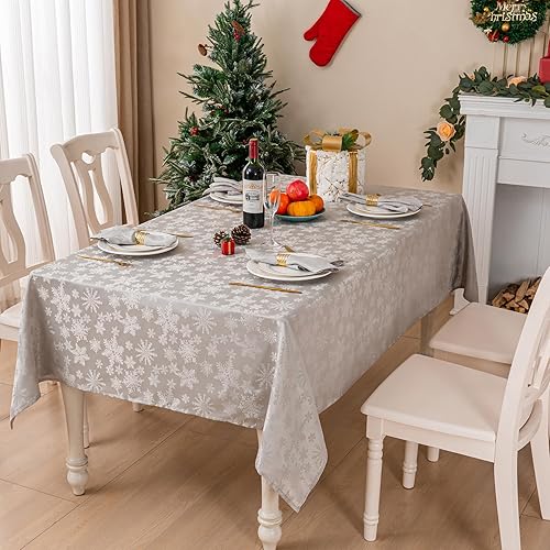 Miniatura 6 de Mebakuk Mantel de jacquard de Navidad impermeable con patrón floral de damasco, resistente, lavable, sin arrugas, para cena o uso diario (gris