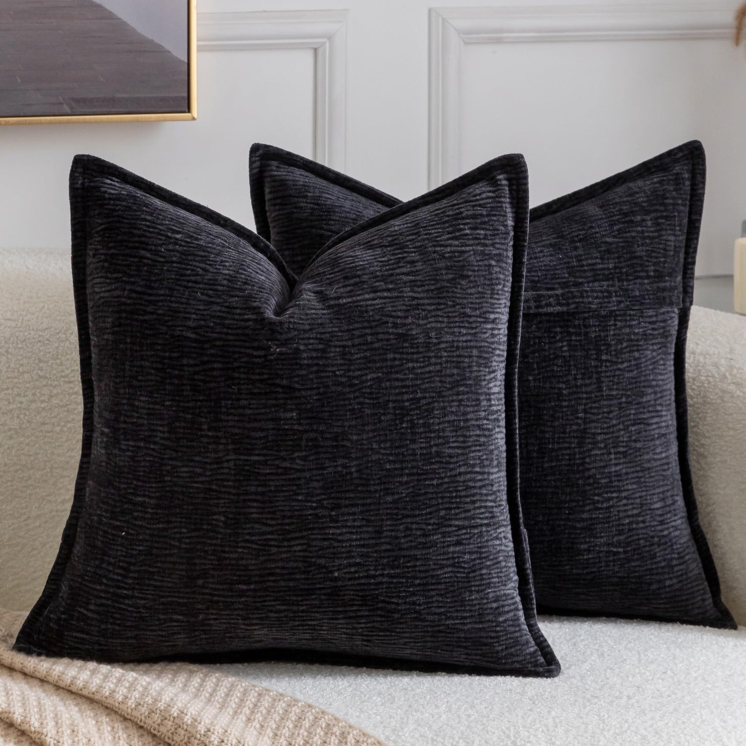 Madizz Pack of 2 Decorative Cushion Covers Soft Chenille Throw Pillows Solid Textured Throw Pillow Covers for Couch Sofa Bedroom Living Room 40x40 CM, Black โ image 1