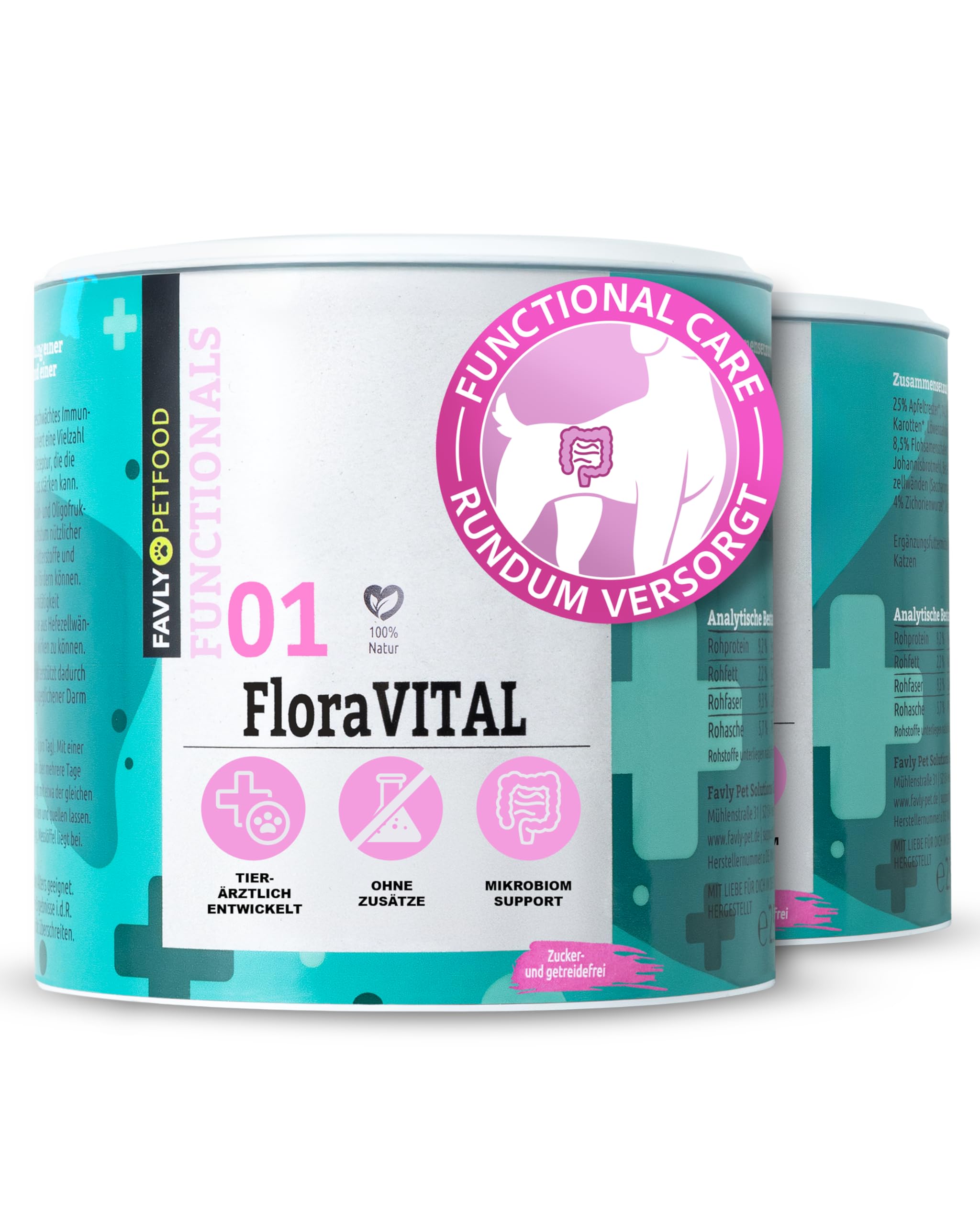 FAVLY – FloraVITAL Darmflora Pulver 2x250g für Hunde & Katzen – Topping zur Unterstützung von Darm, Verdauung & Immunsystem – mit Inulin, Flohsamenschalen & Beta-Glucanen – Ohne Getreide & Zusätze