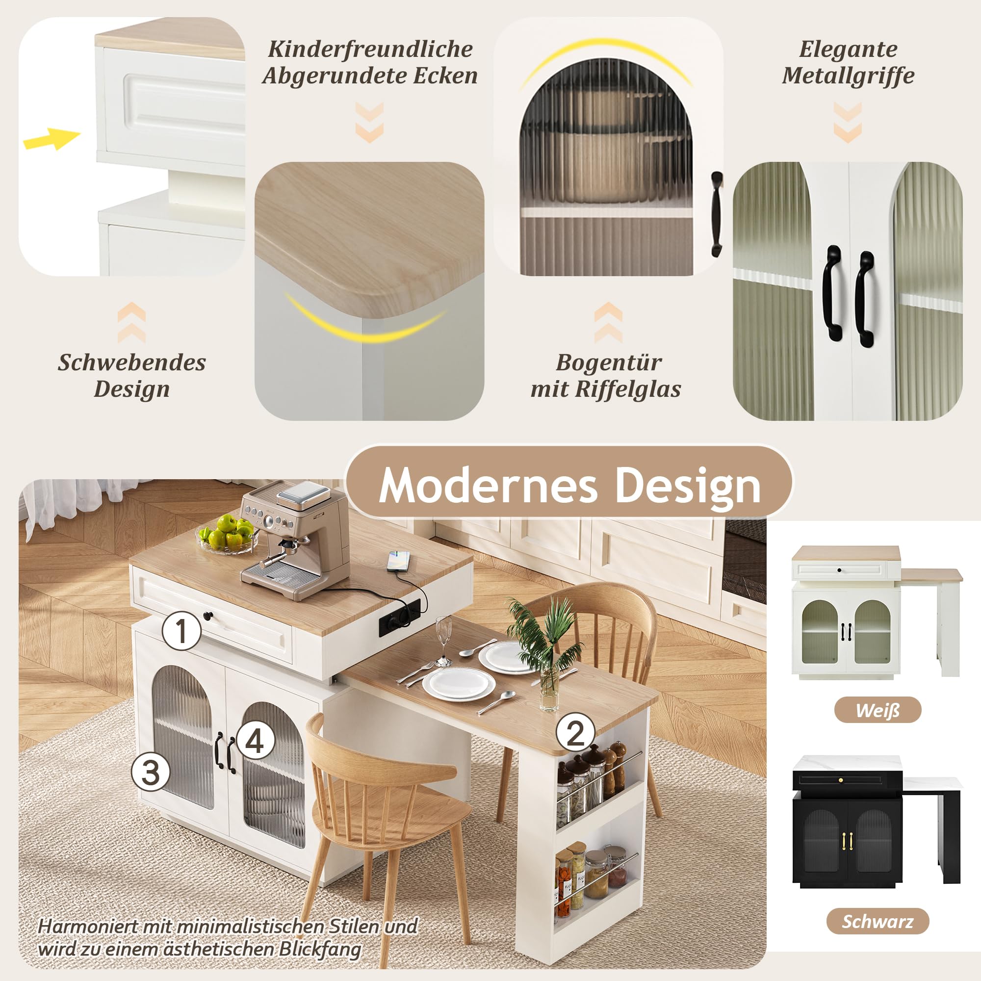 Tavolo da pranzo convertibile a isola su ruote, allungabile, a LED, con barra a strisce elettriche, versatile credenza bianca per cucina e sala da pranzo, mobili salvaspazio