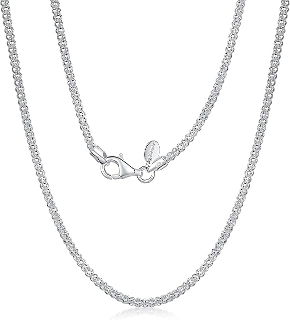 Amberta 925 Sterling Silver 2 mm Diamond Cut Popcorn Coreana Chain Necklace