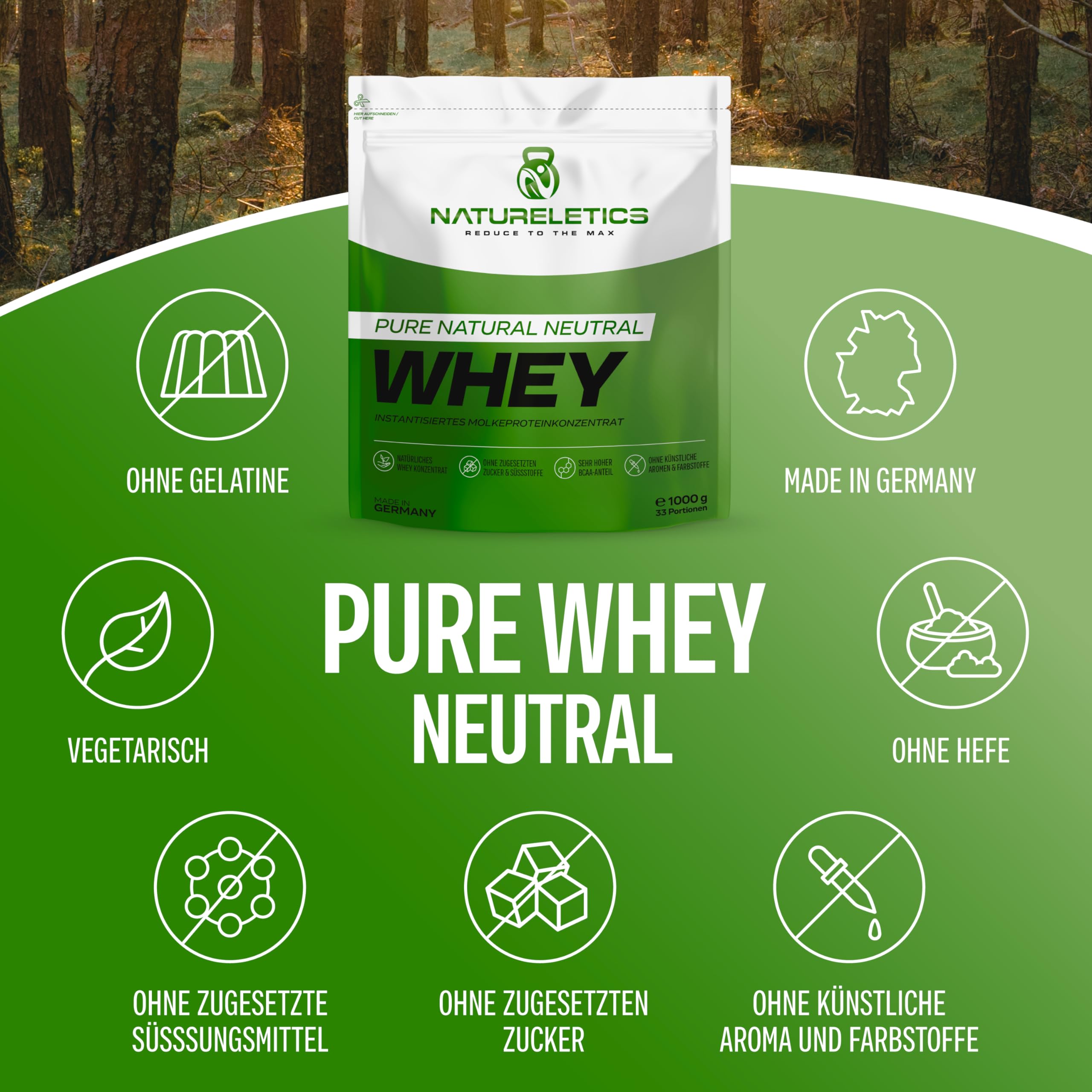 NATURELETICS NEUTRAL Whey Protein Ungesüßt ohne Süßstoffe und Zuckerzusatz Natürliches Premium Eiweißpulver, 1kg ohne Aspartam & Sucralose, Low Carb, Hoher BCAA-Anteil, Made in Germany
