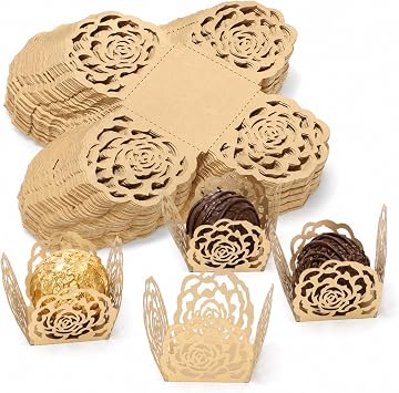 50 Count Gold Truffle Wrappers, Rose Lace Candy Cups for Brigadeiro | Paper rose design, 1.37 in mini size, decorative truffle holders for weddings and dessert tables