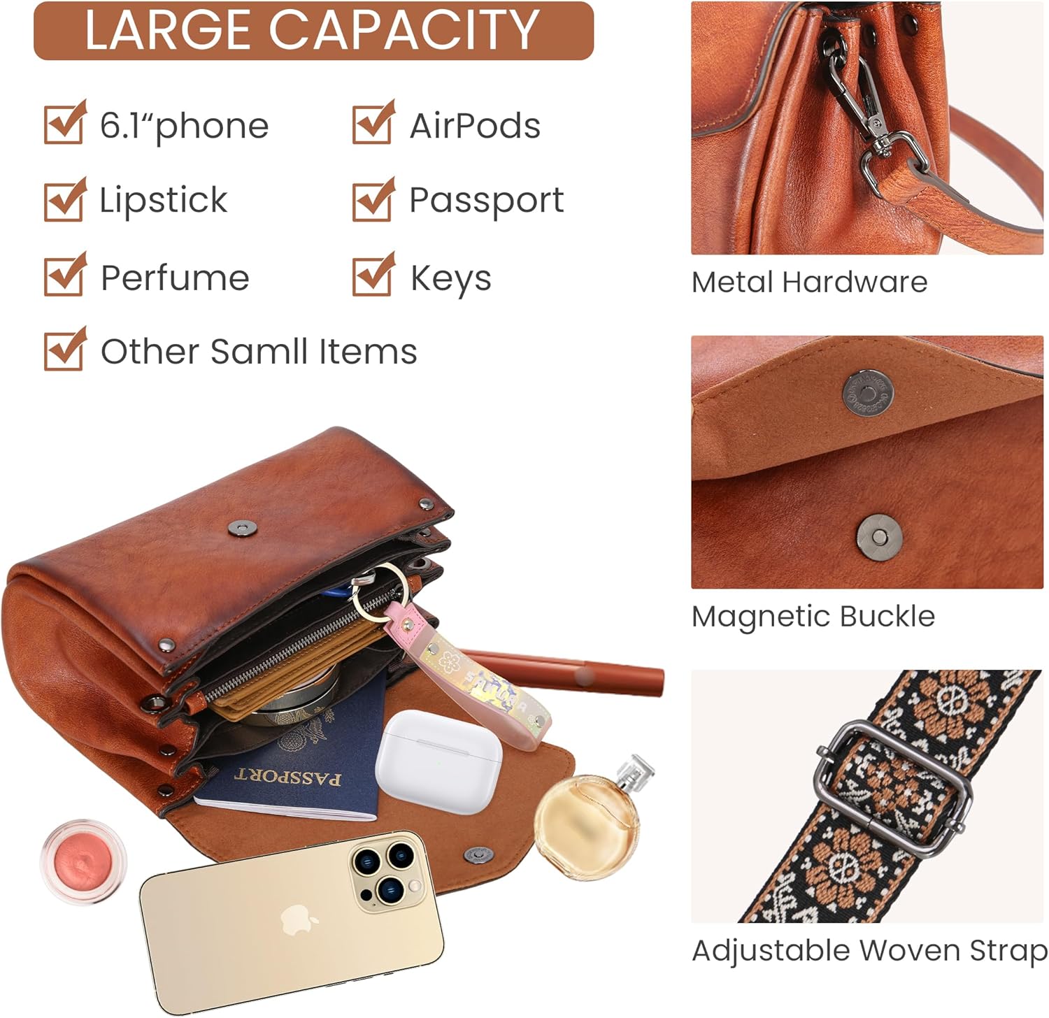 HESHE Leather Crossbody Bags for Women Shoulder Handbags Satchel Purses Lightweight Functional Bags with 2 Adjustable Strap - Image 5