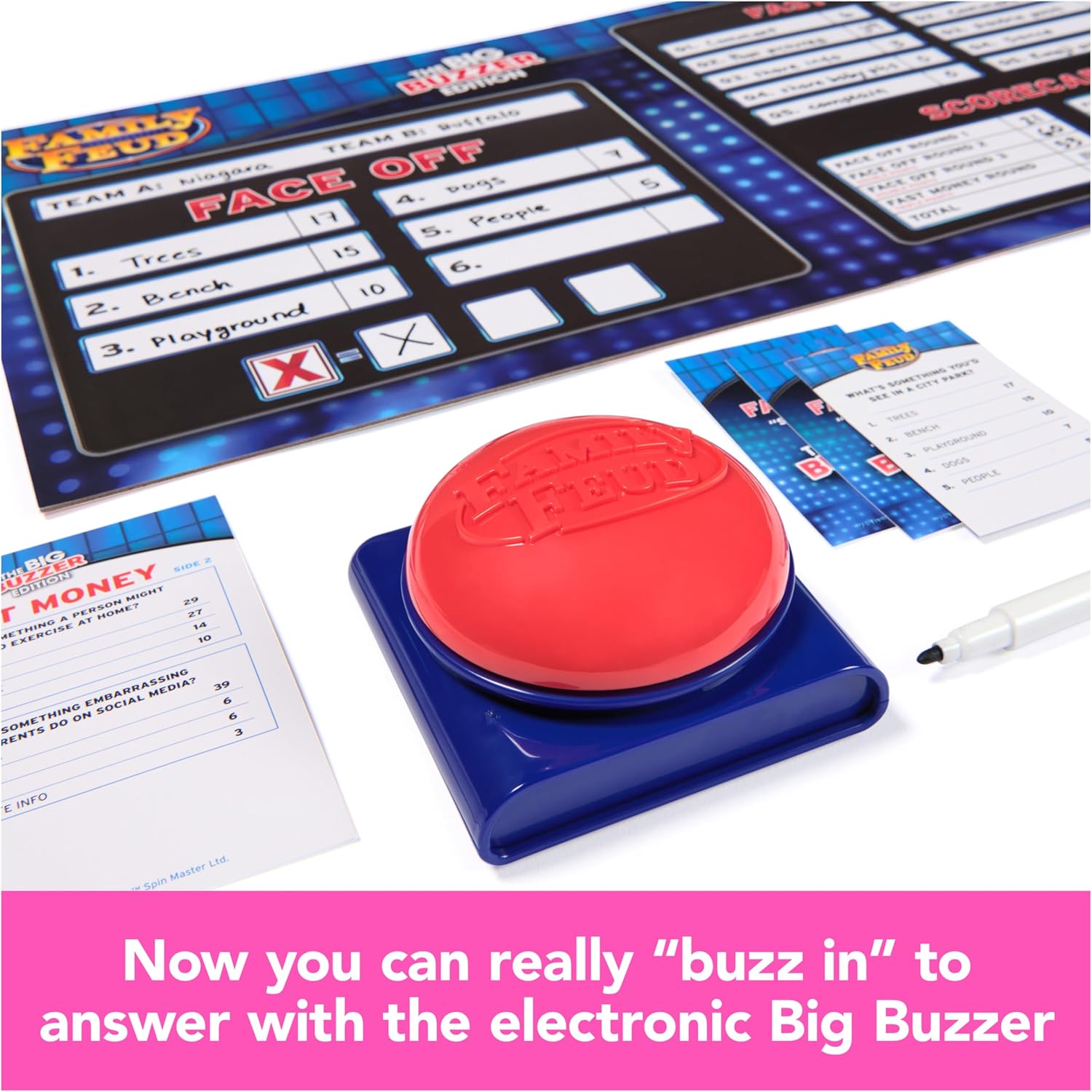 Spin Master Games, Family Feud: Big Buzzer Edition, Play The Feud at Home with Included Electronic Buzzer for Family Game Night & Trivia Cards, for Kids & Family, 3-10 Players, for Ages 8 & Up