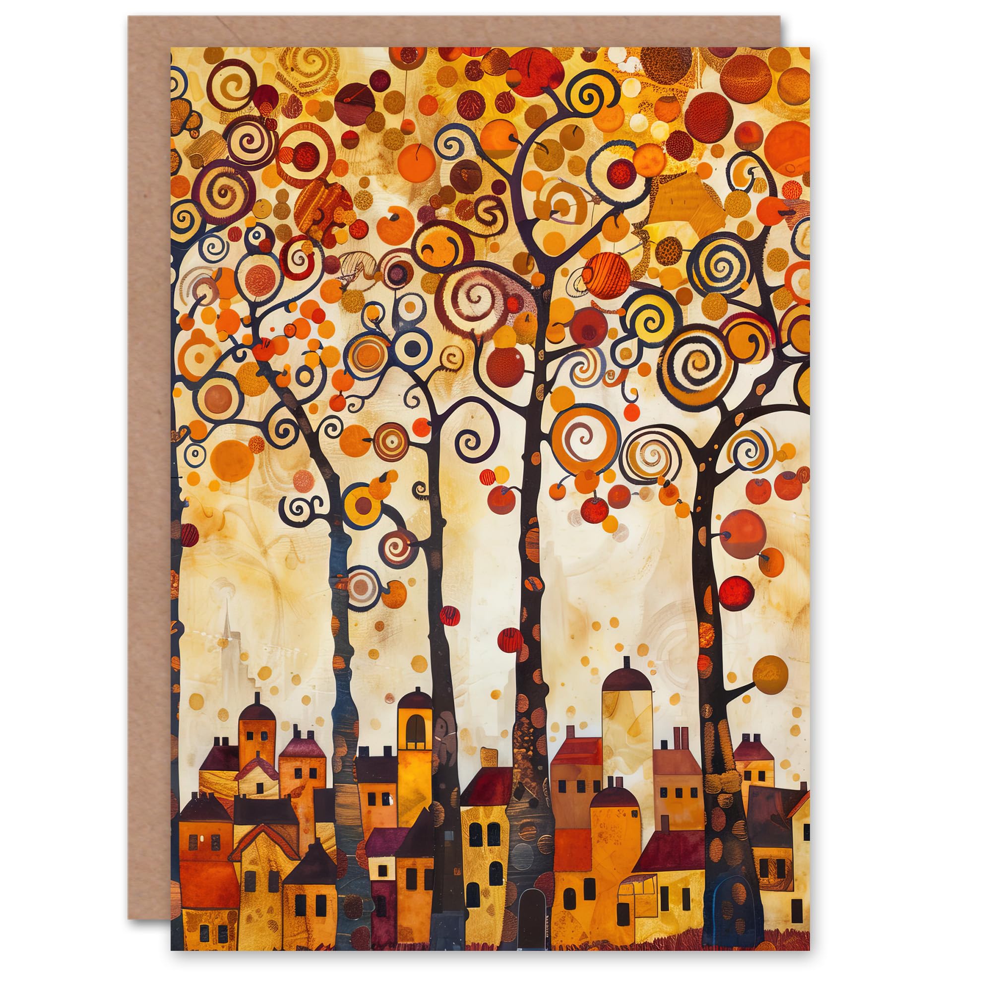Artery8 Tangerine Trees Town Painting Autumnal Colours Greeting Birthday Card Him Her All Blank
