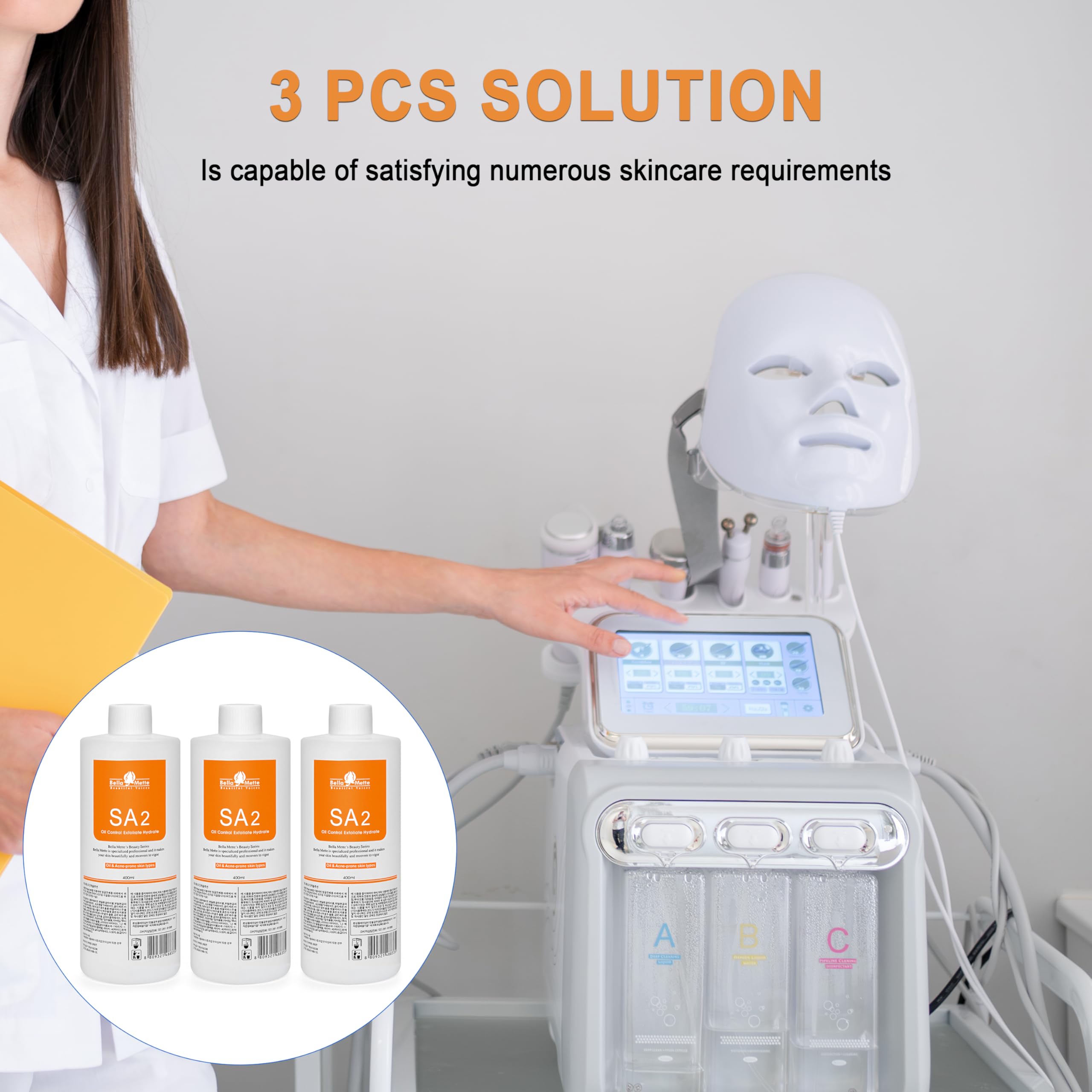 Elitzia AS1 SA2 AO3 Aqua Peeling Solution Hautpflege Aquapeel Serum für Gesichts-Dermabrasionsmaschine, Reinigung und Feuchtigkeitsspendung, 400 ml, Set mit 3 Flaschen SA2