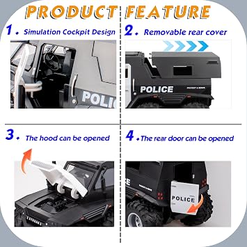 i diy Police Car Toy - 8x8 Friction Powered with Light and Sounds, Openable Doors, Military Policeman & Dog - Big Wheel Truck, Police Cars for Kids Ages 3-5