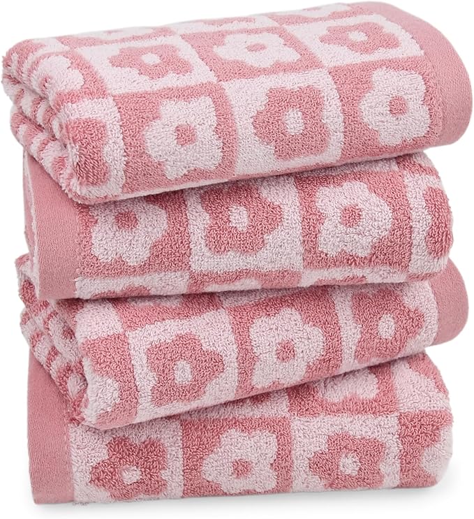Jacquotha Cotton Hand Towels Pink Checkered Floral - Quick Drying Hand Towel Set of 4, Gift for Women Girls, 29” x 13”