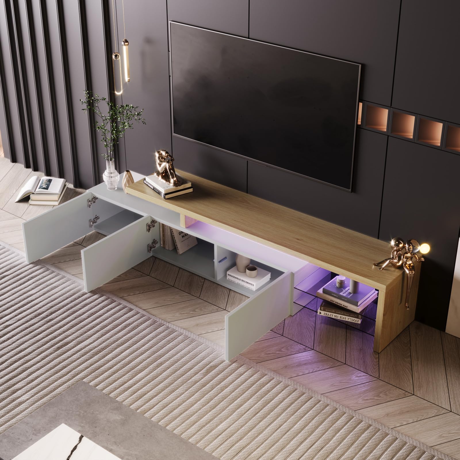 TV Ark, práctico espacio de almacenamiento de madera, consola de TV con 3 armarios e iluminación LED, aspecto brillante, estantes de cristal integrados, mueble de TV elegante y práctico