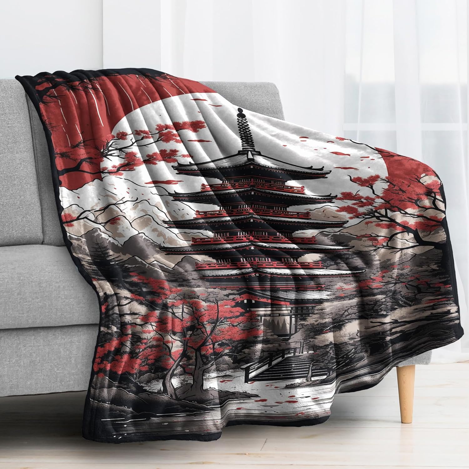 Japanese Throw Blanket, Fleece Blanket for Couch Bed Sofa, Asian Japan Patterned Blankets and Throws, Super Soft Cozy Fuzzy Plush Flannel Blanket, 50x60, Decor & Gift