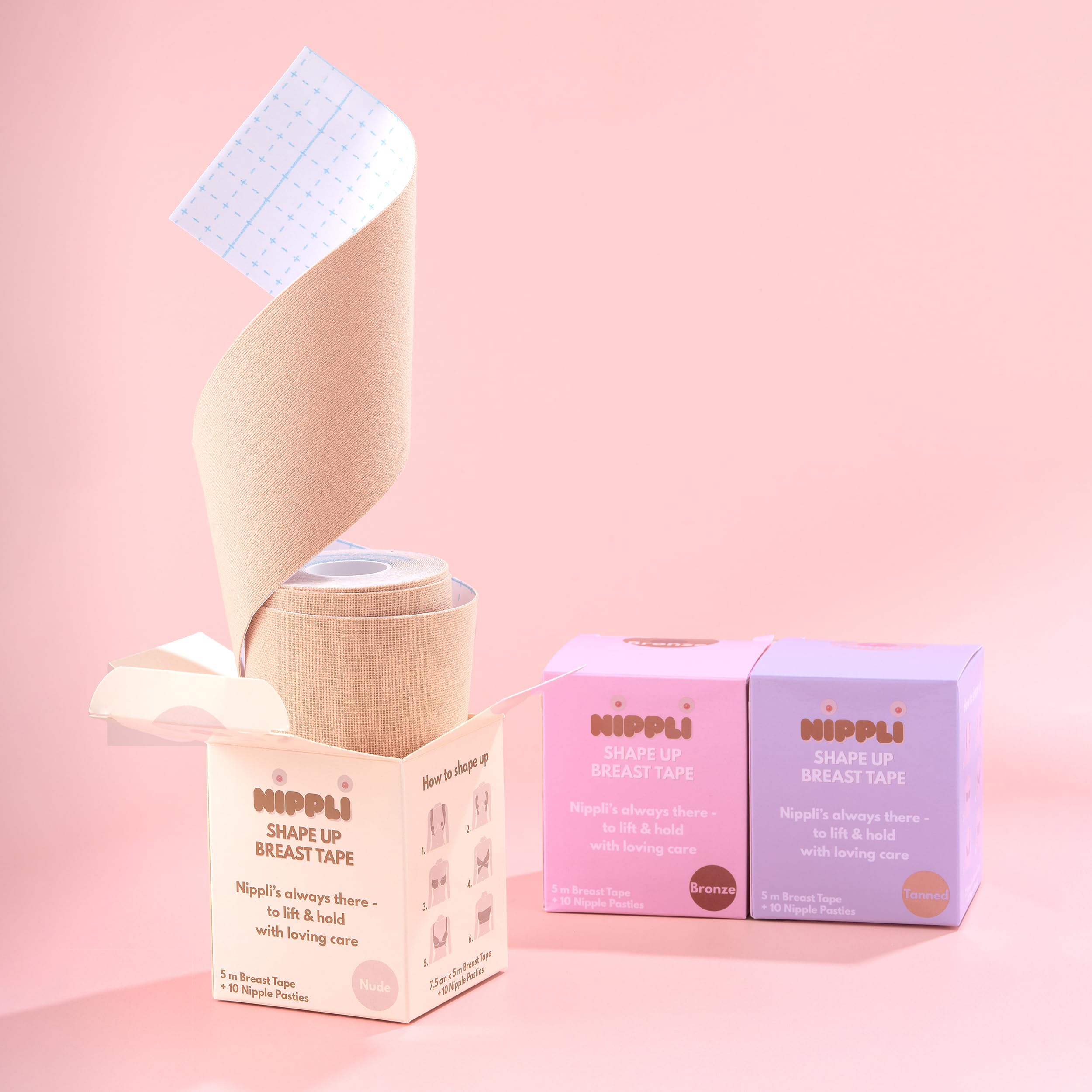Nippli Shape Up Breast Tape – NippelCover 7,5cm x 5m, inkl. 10 Nipplepads – Brust Tape – für den perfekten Halt ohne BH – Feuchtigkeitsbeständig
