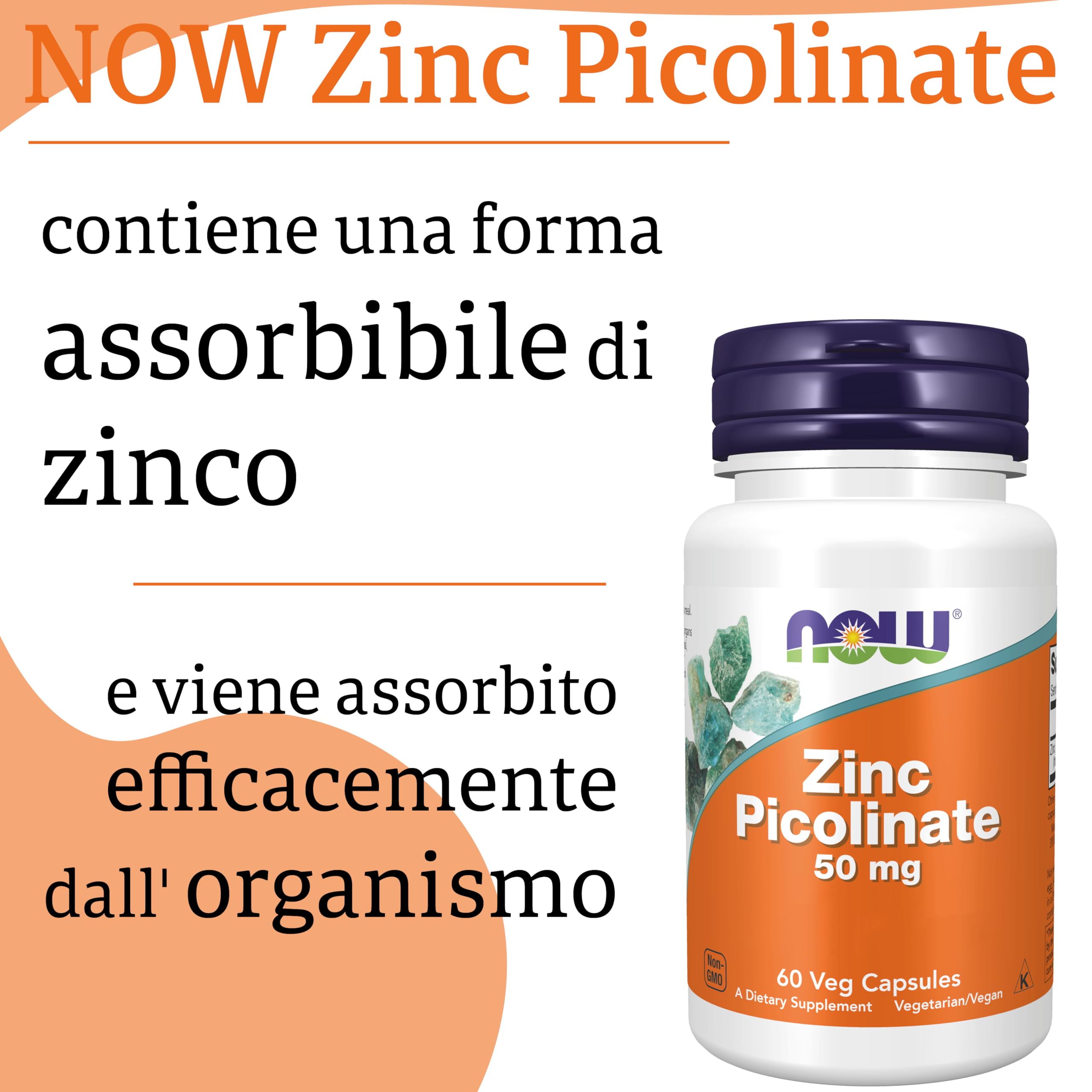 Now Foods, Zinco Picolinato, 50mg, Dose Elevata, 1 Capsula ogni 2 Giorni, 60 Capsule vegane, Testato in Laboratorio, Senza Glutine, Senza Soia, Non OGM, Vegetariano