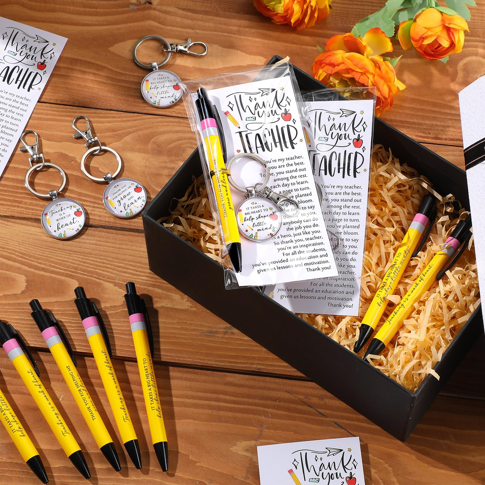 Daifunli 10 Set Lehrer-Wertschätzungsgeschenke in Großpackung, Dankeschön-Kugelschreiber, inspirierende Kugelschreiber, 3 Stile, Metall-Schlüsselanhänger, Dankeschön-Geschenkkarten für Lehrer