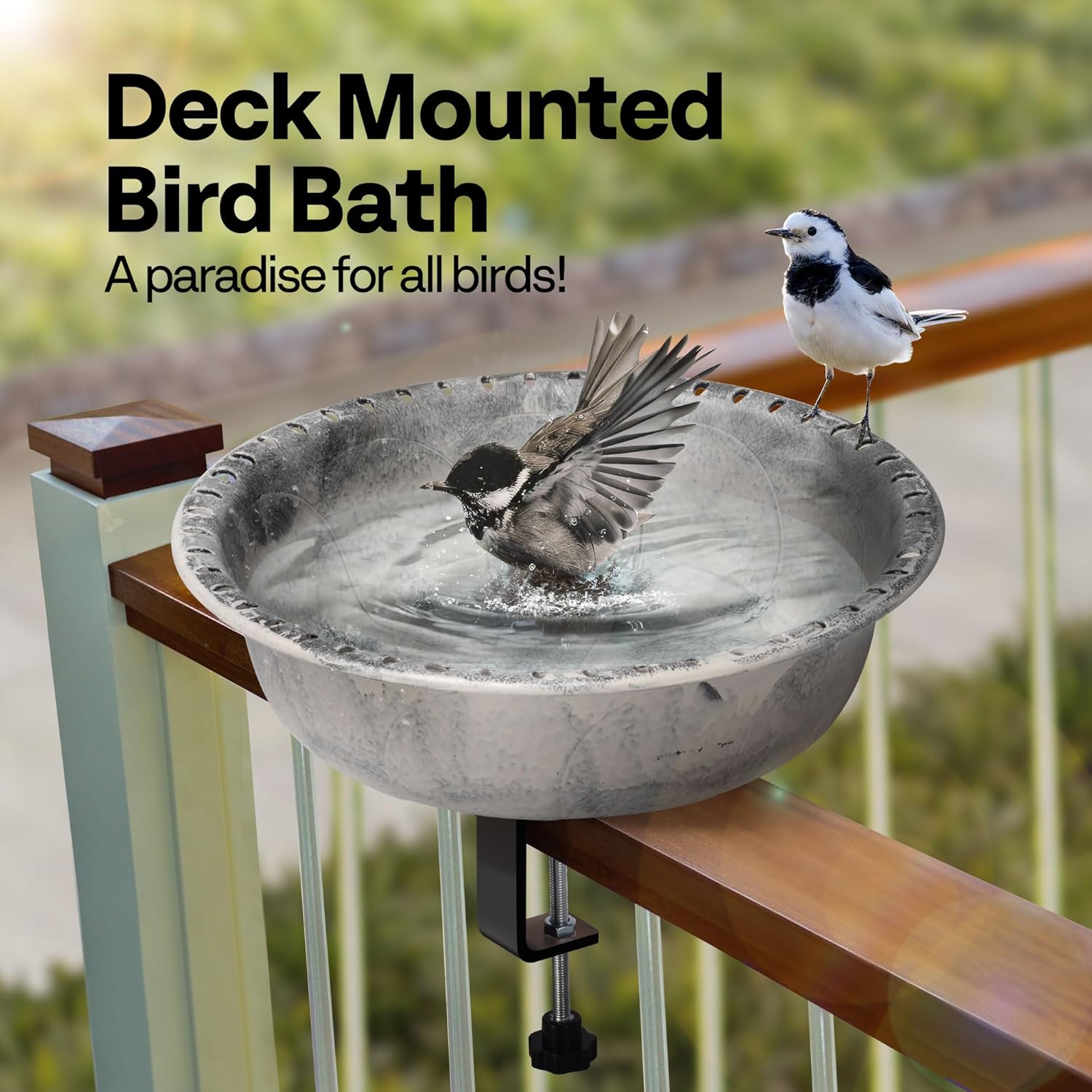 VIVOHOME Deck Mounted Polyresin Bird Bath with Adjustable Sturdy Metal Clamp for Railings up to 3.9 Inch with 53 Inch Wrought Iron Large Bird Cage with Rolling Stand