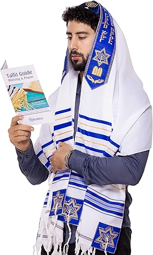Tallit Chal de oración con bolsa a juego, certificado Kosher, con bendición en la banda para el cuello y en las esquinas, fabricado en Israel