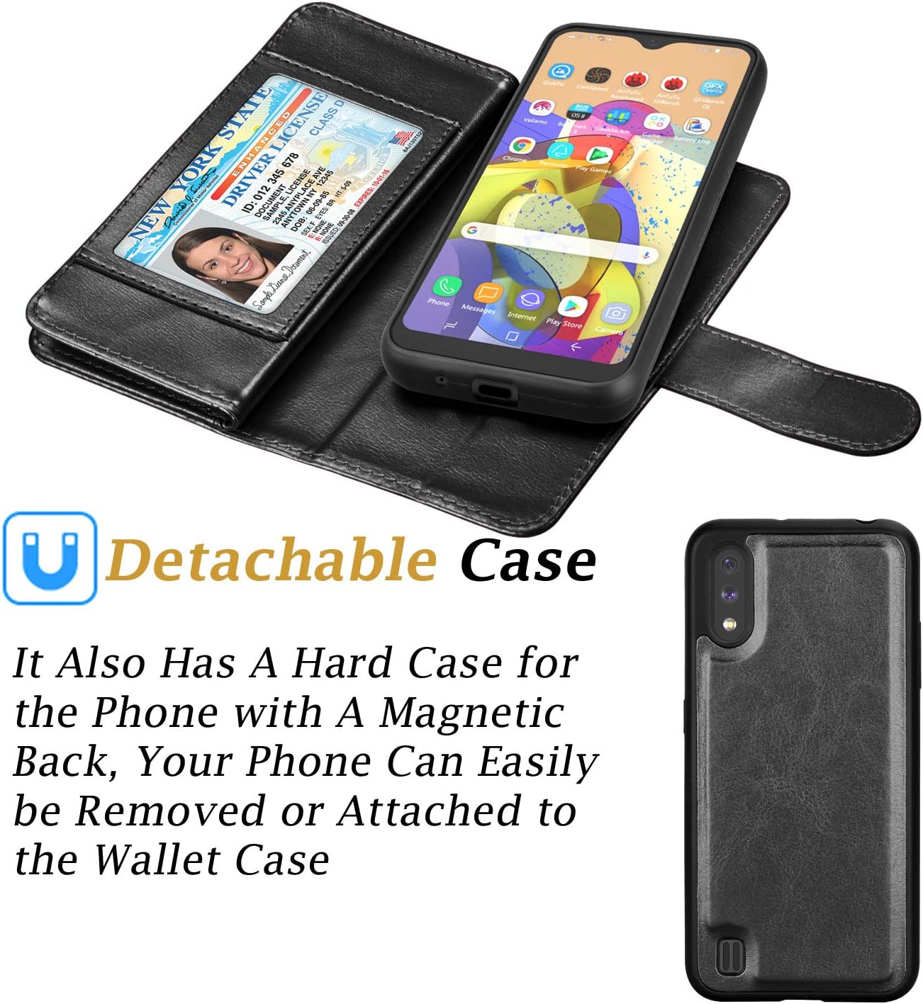 Galaxy A01 Case, Wallet Phone Case for Samsung Galaxy A01, Takfox PU Leather w 9 ID Credit Card Holder Slots Folio Flip Magnetic Detachable Hard Case & [Wrist Strap] for Samsung Galaxy A01-Black