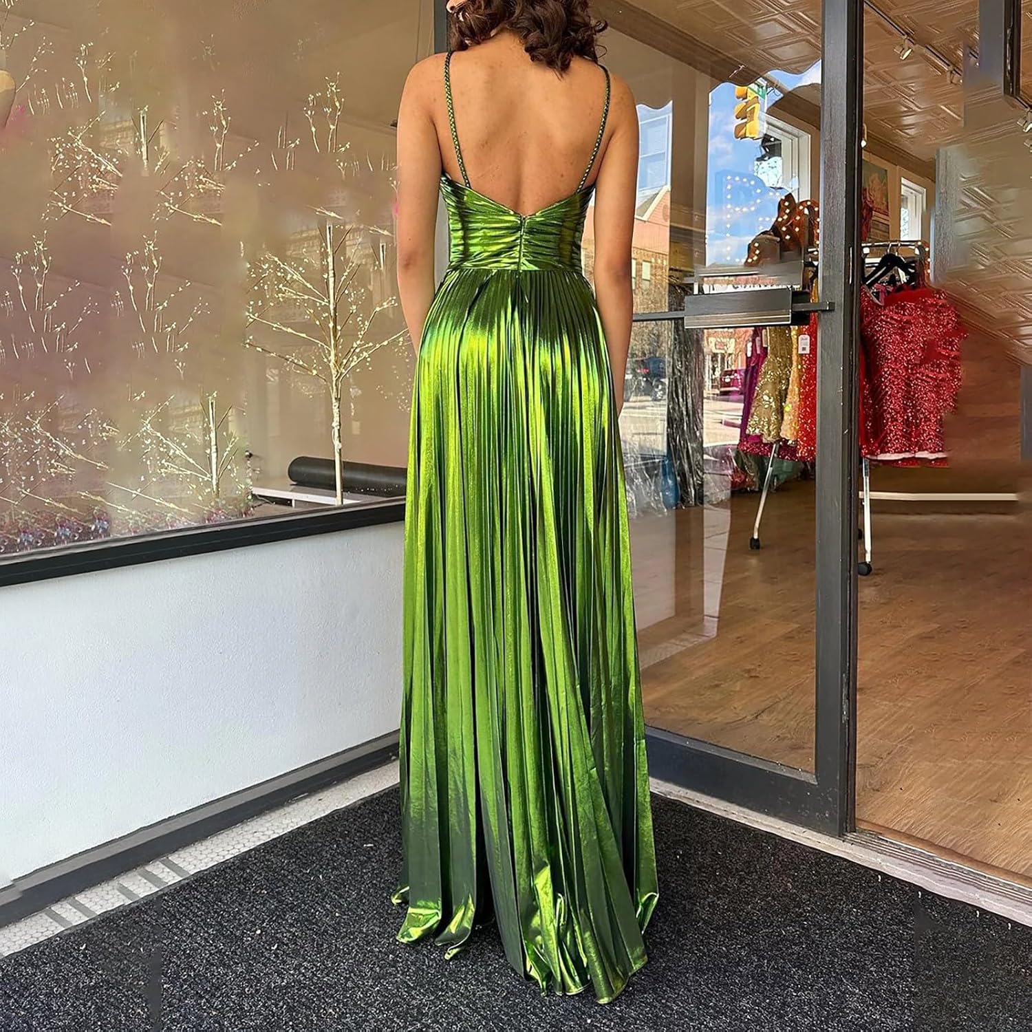 GOKKILRW Womens Luxury Metallic Maxi Dress Adjustable Spaghetti Straps Sleeveless Elegant Pleated Sparkly Party Evening Gown