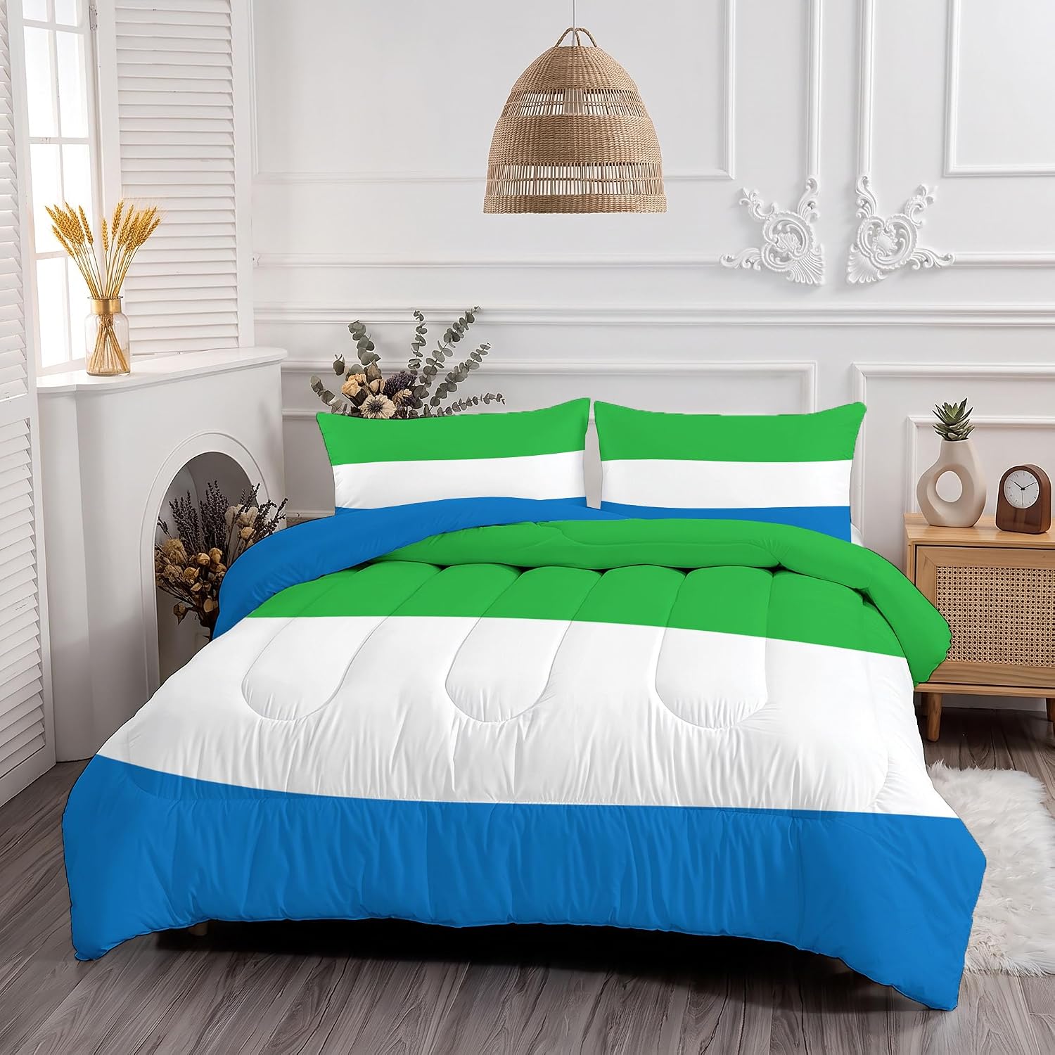 Classic Style Comforter Set King Size, Sierra Leone Flag Print Breathable Bedding Set for Girls Boys Teens, White Quilt Duvet with 2 Pillow Cases