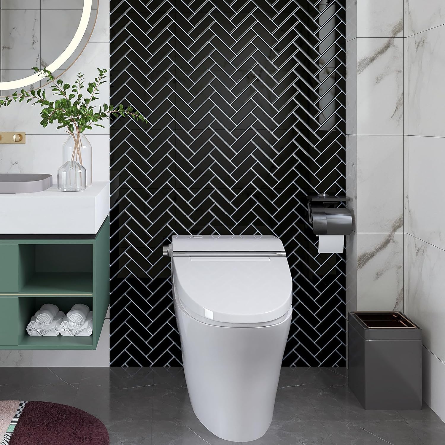 VaryPaper 20 Sheets Black Herringbone Peel and Stick Backsplash for Kitchen Wall Tiles Waterproof Self Adhesive Tile Stickers Back Splash Stick on Tiles for Bathroom Fireplace Laundry Room 12''x12''