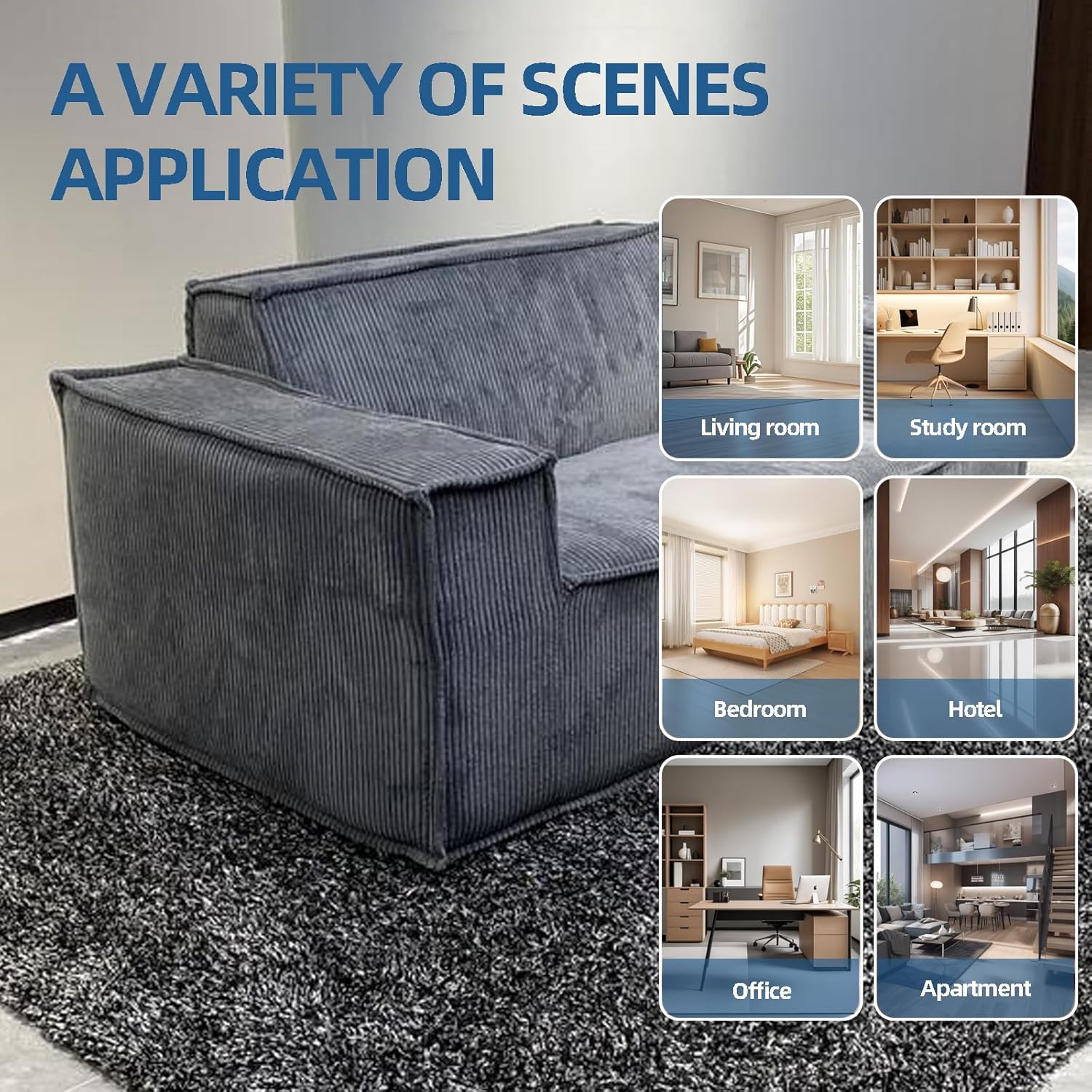 Corduroy 2-Person Compression Sofa - Gray Square Large Sofa (86.6x39.4x28.3 Inch), High-Density Compression Foam, Ready-to-Use, Perfect for Living Room,Grey