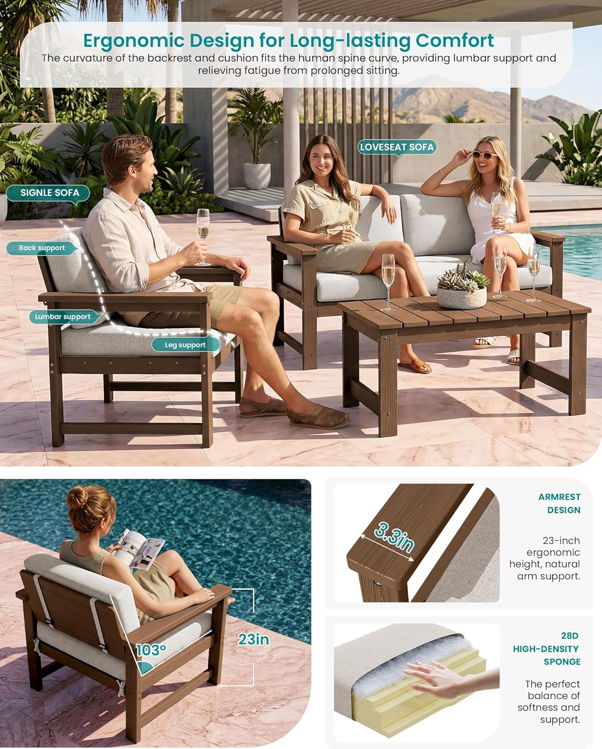 SERWALL 2 Pieces Single Cushioned Lounge Chair, HDPE Outdoor Adirondack Sofa Armchair with Cushion, Brown Frame/Khaki Cushion