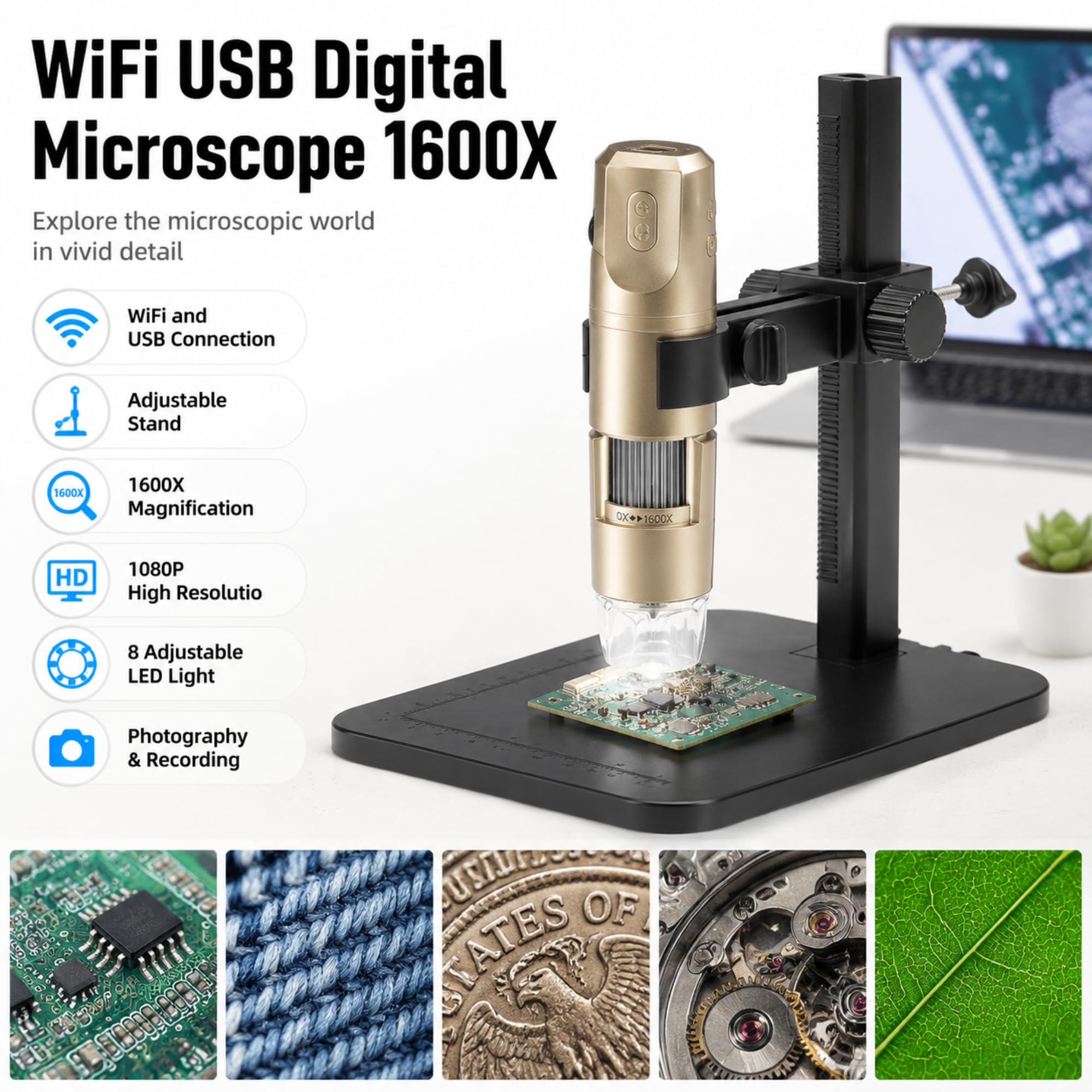 Microscopio Digital USB 1600X WiFi Microscopio de Aprendizaje Inalámbrico Fotografía y Grabación 1080P, con 8 LED y Soporte Ajustable para Profesores, Estudiantes, Colecci