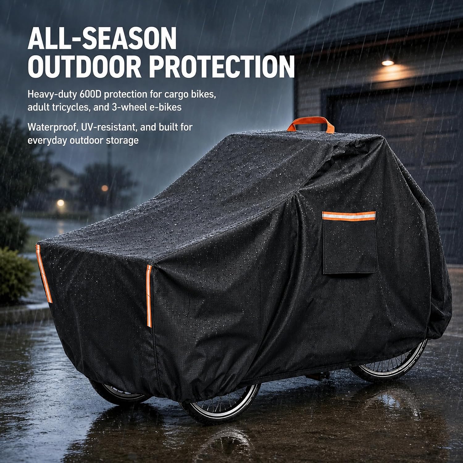 Bike Cover Waterproof Outdoor, 600D Cargo Bike Cover for Adult Tricycles | Heavy-duty 3D-tailored fit with windproof buckles, UV protection, air vents, reflective strips and rear lock opening.