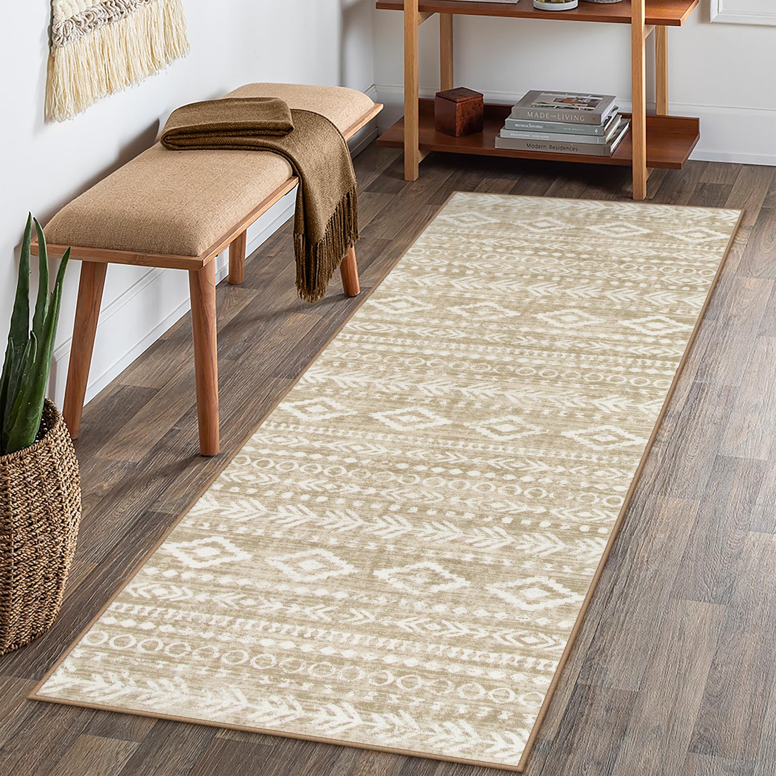 Lahome Boho Geometric Washable Runner Rug, 2x6 Low-Pile Tan/White Non Slip Washable, Rustic Print Pattern Soft Bedroom Carpet Runner 6ft for Entryway