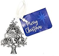 Vista 4 de Adorno colgante de Navidad grabado en forma de árbol de metal plateado con texto en inglés "O Come Let Us Adore Him Christ the Lord", 2.75 pulgadas