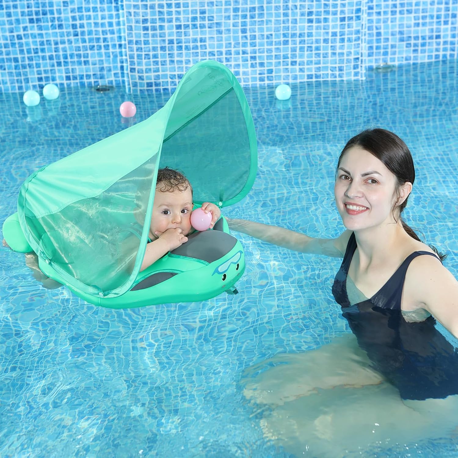 Mambobaby Float with Canopy Size Improved Non Inflatable Infant Baby Pool Float Smart Mambo Float Swim Trainer Baby Swim Float Mambo Baby Float Solid Air Free Water Waist Swimming Ring