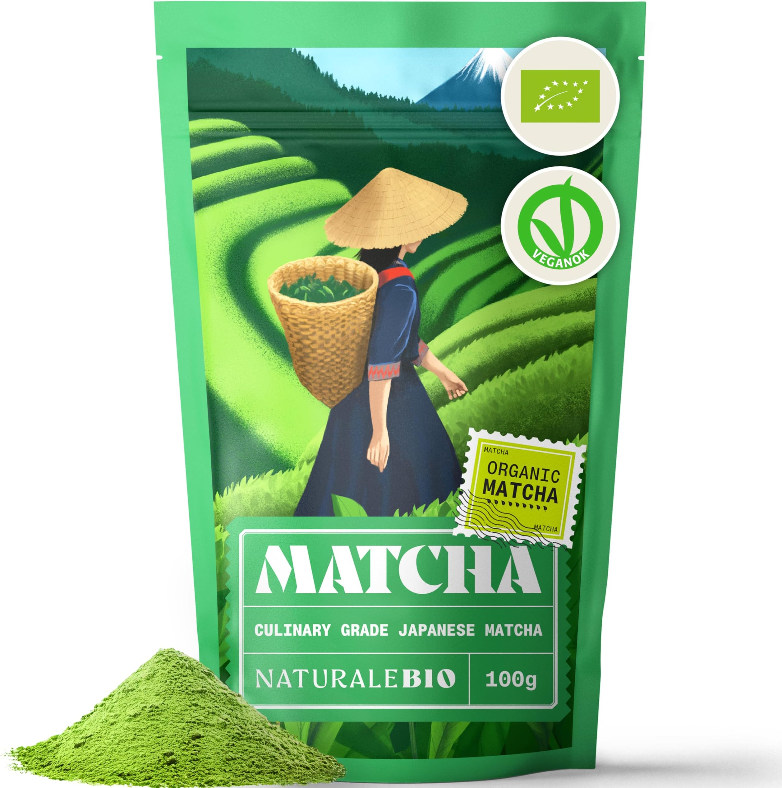 NaturaleBio Japanese Organic Matcha Green Tea Powder - Culinary Grade - 100 gr. Tea Produced in Japan, Uji, Kyoto. Use for Cooking, Baking, Smoothie Making and with Milk. Vegan & Vegetarian Friendly