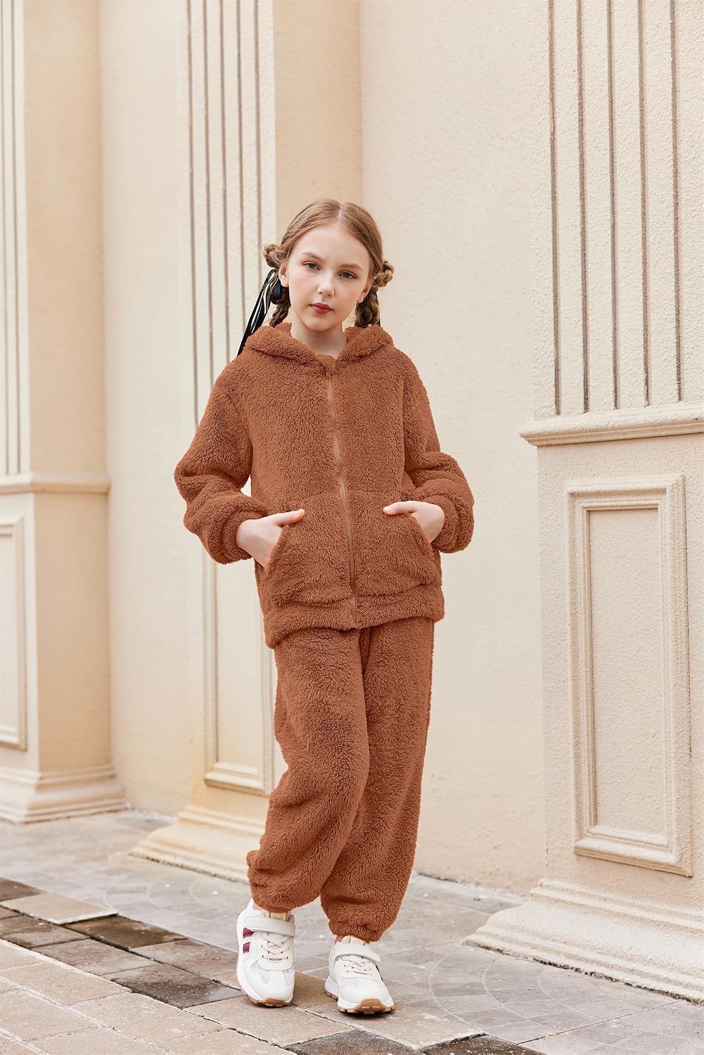 Arshiner Girls 2 Piece Fuzzy Set with Bear Ear Hoodie and Jogger Pants Zip Up Sweatshirt Outfits for Fall Winter 5-13 Years