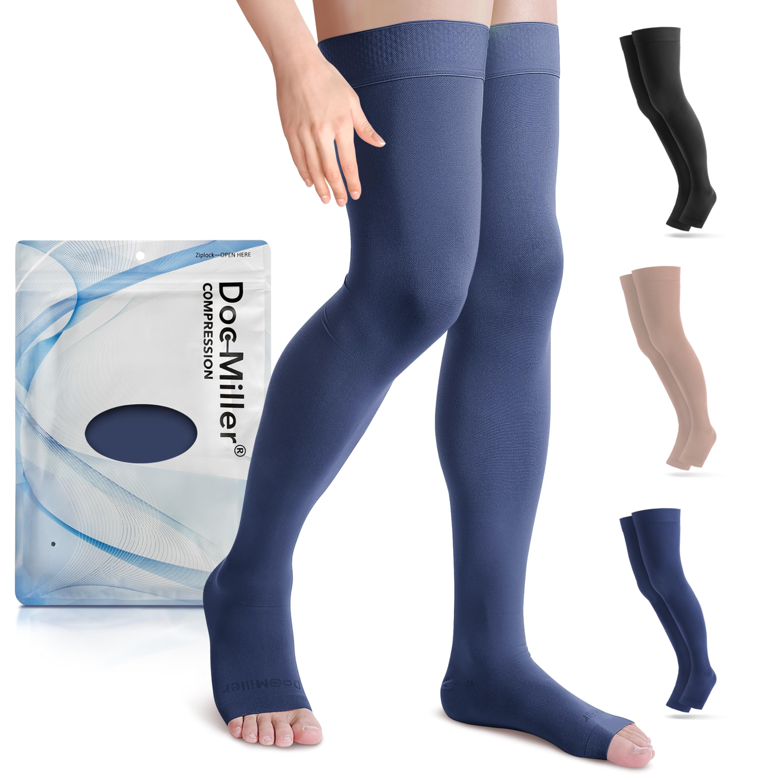 Doc Miller Thigh High Open Toe Compression Stockings 15-20mmHg for Varicose Veins, Pregnancy Support Open Toe Thigh High Compression Socks for Women