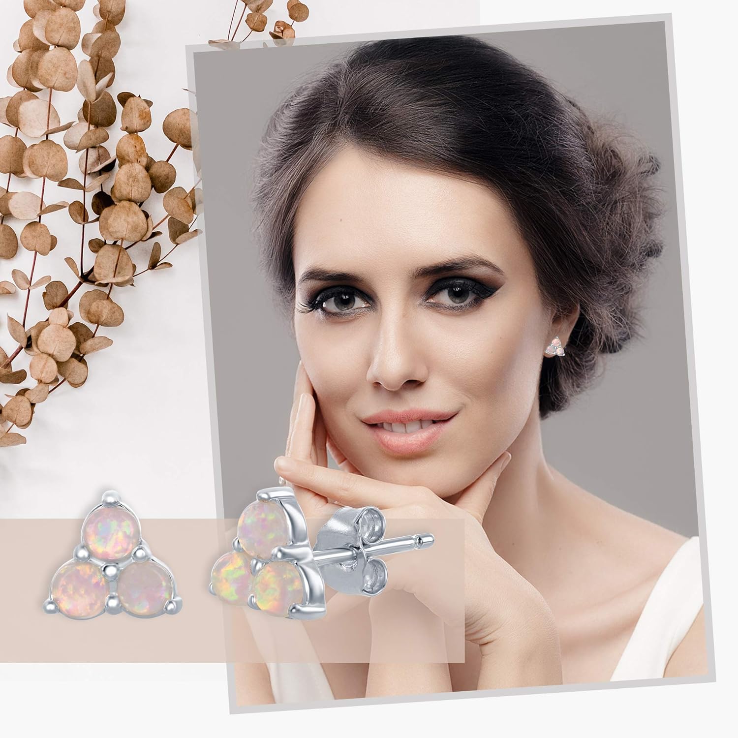 Created White Opal Triangle Triple Cluster Silver/14 Rose Gold Plated Sterling Silver Stud Earrings Jewelry for Women or Teens