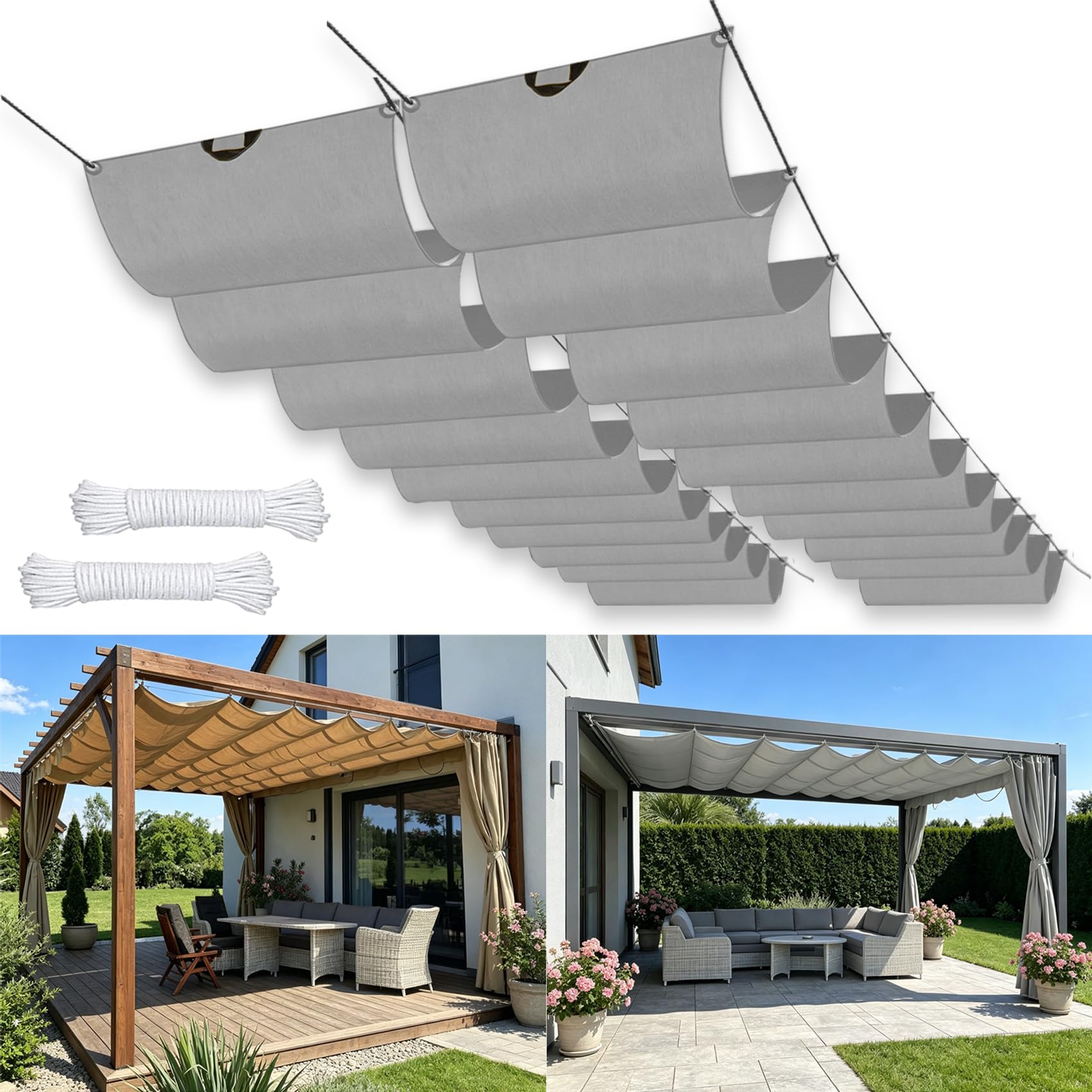 Voile d'ombrage rétractable pour pergola et jardins de 0.85 x 15.4 m