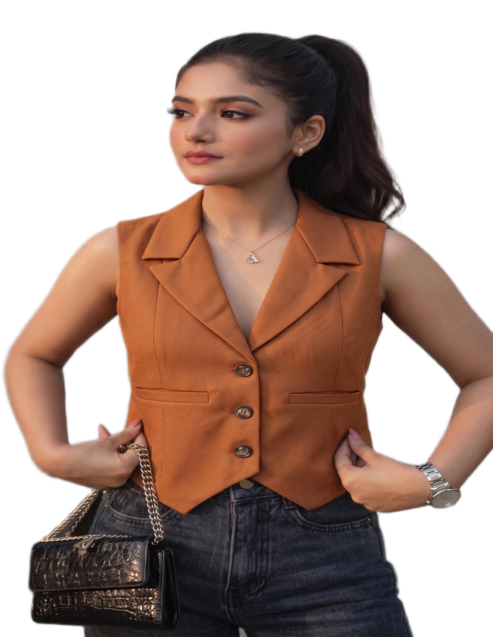 perfect productions Women's Camel Brown Formal Waistcoat | Sleeveless Lapel Collar Office Blazer Vest | Regular Fit | Smart Casual Business Wear-picture-16