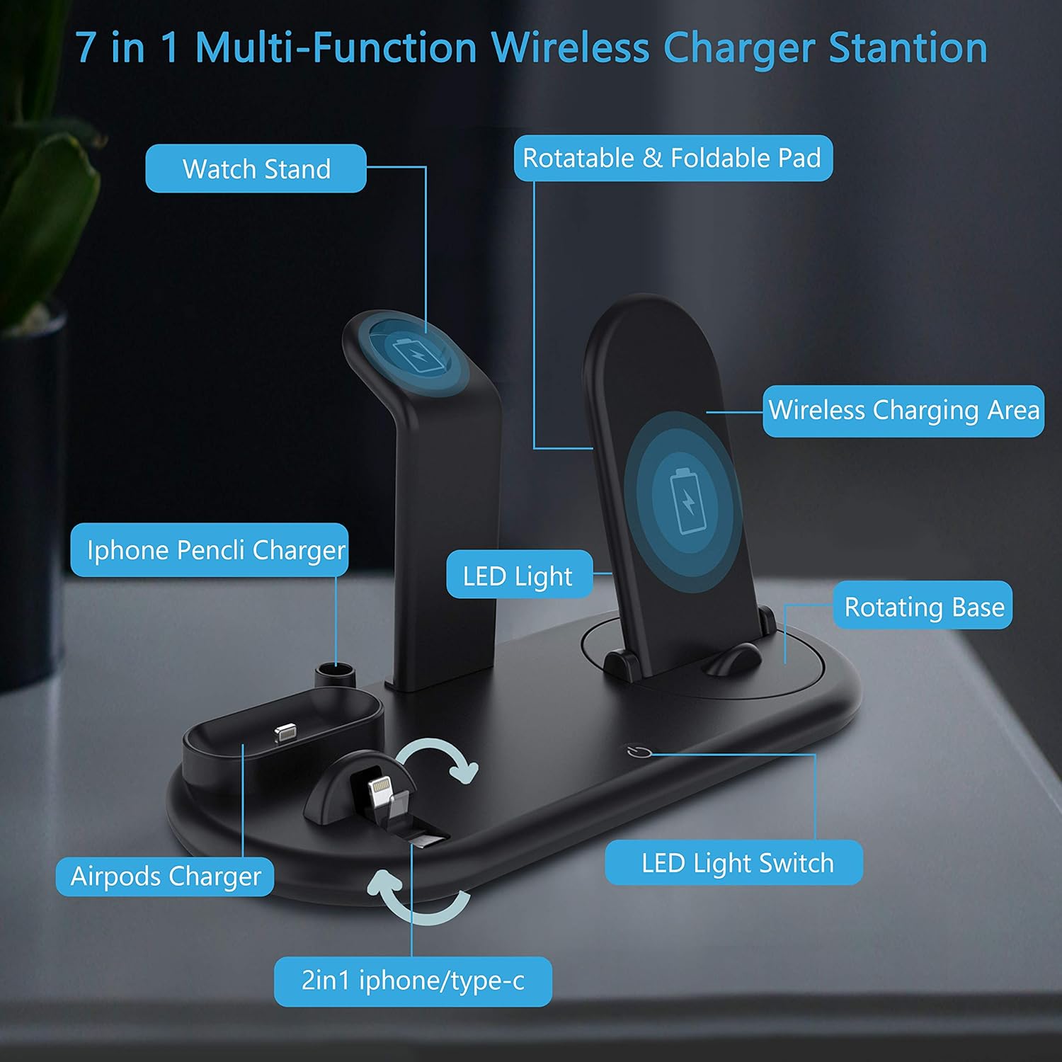 Wireless Charging Station Dock, 7in1 Wireless Charger Stand Dock for Multiple Devices Compatible with iPhone12/11,Galaxy S20,Type-C Phone, Airpods 1/2, iPhone Pencil, iWatch 1/2 and Qi-Enable Phone: Electronics