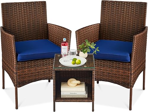 Best Choice Products Juego de 3 piezas de mimbre para conversación al aire libre, muebles de patio que ahorran espacio para jardín con mesa
