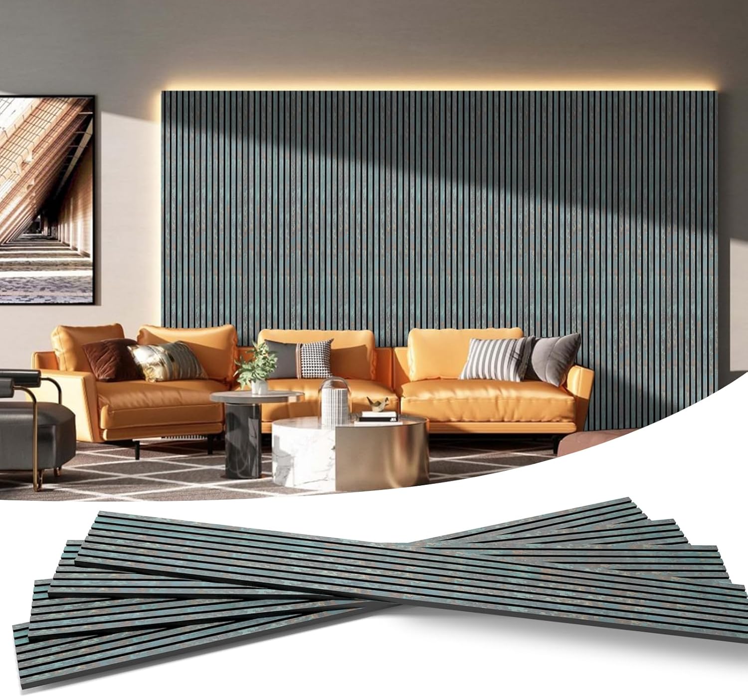 Acoustic Wood Slat Wall Panels, Retro Series Soundproof Paneling for Interior Wall Decor, Modern Design 4-pack 12.6"×93.9"(Vintage blue,)